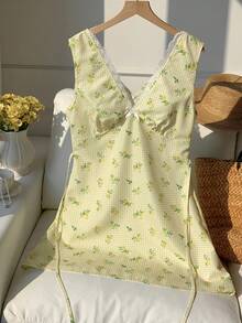 Comfortcana 女士V领无袖蕾丝边蝴蝶结装饰碎花迷你连衣裙 - 黃色 - 查看 4