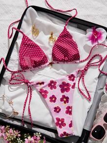 Swim Mod Bộ bikini nữ mùa hè mới, kiểu dáng giản dị, họa tiết hoa ngẫu nhiên và chấm bi, hở lưng, hình tam giác, gợi cảm, thích hợp cho kỳ nghỉ biển. - Nhiều màu - Xem 4