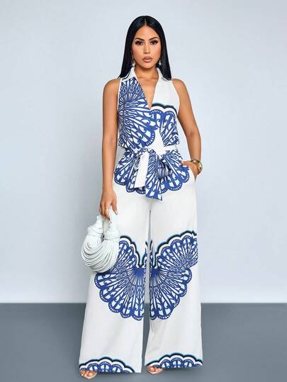 SOLERSUN Women's Elegant Sleeveless V-Neck Shirt Collar Wide-Leg Jumpsuit, Suitable For Casual Wear, Shopping, Vacation, Valentine's Day, Carnival, Easter, And St. Patrick's Day Jumpsuits.