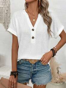 SHEIN LUNE Áo thun nữ tay cánh dơi cổ khoét màu trơn, thường ngày, mùa hè - trắng - Xem 3