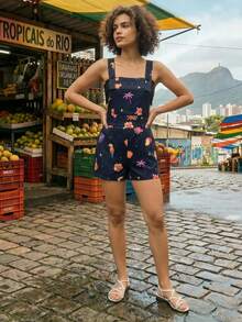 CAJUNI Black Romper With Embroidery Tropical Elements - Black - View 6