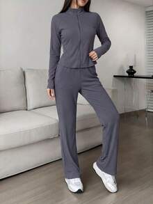 Conjunto deportivo de dos piezas para mujer: top corto de manga larga con cremallera y leggings de cintura alta, Conjuntos de dos piezas para mujer - Gris - Ver 1