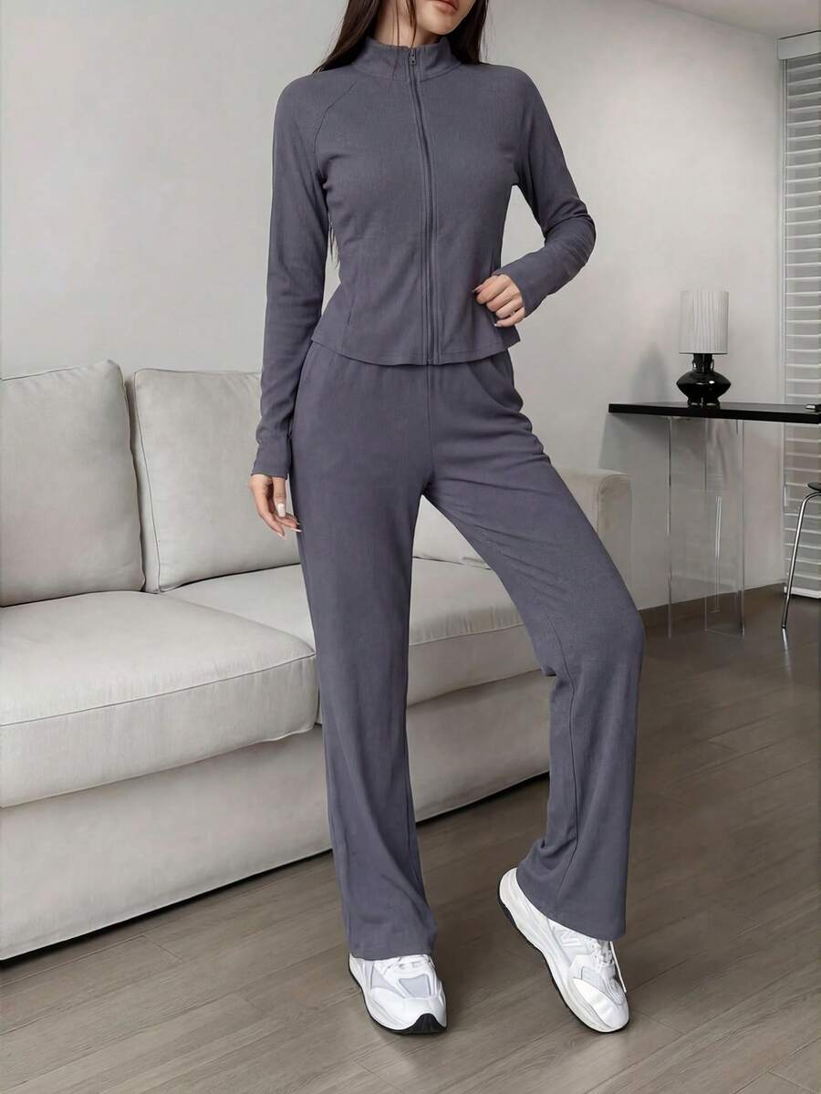 Conjunto deportivo de dos piezas para mujer: top corto de manga larga con cremallera y leggings de cintura alta, Conjuntos de dos piezas para mujer - Gris - Ver 1