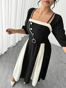 SHEIN Elenzya Vestido elegante de mujer talla grande con cuello cuadrado, mangas farol y diseño de botones en contraste de color - Negro - Ver 4