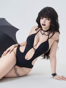 ROMWE Goth 2026春夏哥特吸血鬼角色扮演服装，女士连体泳衣，优雅浪漫神秘性感镂空设计，精致蜘蛛形金属装饰，蝴蝶结颈带，黑色，修身连体泳衣，2026春夏女装新款，适合新年、情人节、返校、旅行、海滩、下午茶、野餐、派对、日常穿着、休闲、户外活动等场合，时尚百搭 - 黑色 - 查看 6