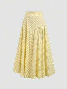 Sweetra French High Waist Vacation Style Dopamine Yellow & White Plaid Pleated Skirt For Women, Summer - Yellow - View 6