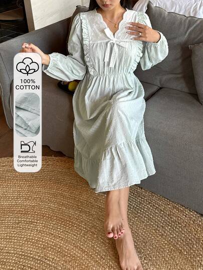 DAZY Mint Green Polka Dot Fabric Ruffle Trim Colorblock Waist Midi Nightgown For Women