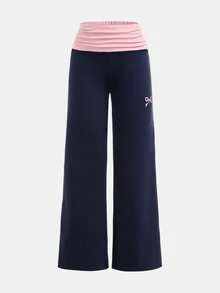 少女款海军蓝粉色拼接针织宽腰宽松长裤，舒适休闲百搭，居家户外皆宜 - 藏蓝色 - 查看 5