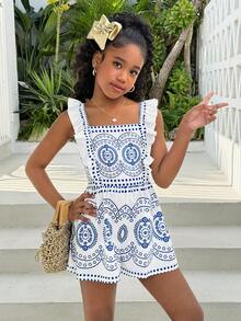 Tween Girl Fashionable Vacation Blue Floral Totem Polka Dot Square Neck Backless Butterfly Sleeve Loose Jumpsuit - Blue - View 2