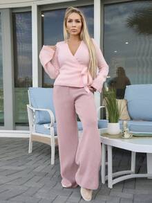 女士宽松系带休闲开衫、长袖上衣 - 粉色 - 查看 1