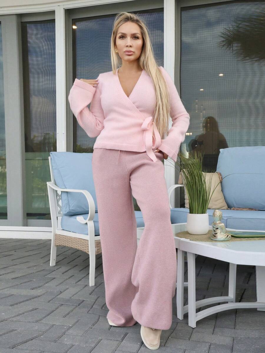 女士宽松系带休闲开衫、长袖上衣 - 粉色 - 查看 1