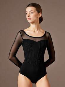 Teen Girls' Black Minimalist High Stretch Fabric Leotard With Rose Embroidery & Mesh Splice, Suitable For School, Professional Training, Ballet, Gymnastics, Dance Studio Practice