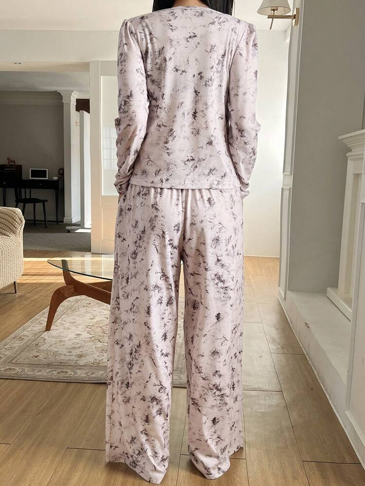 Tie-Dye Pattern Allover Print Lace Trim Patchwork Women Pajama Set