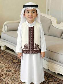 Set de 2 piezas Túnica larga y chaleco tradicional árabe clásico para niño, con estampado de patrones tradicionales - Multicolor - Ver 1