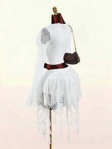 Amplova 2026新款蕾丝前开衩性感女式上衣，流苏下摆A字低腰裙，女士两件套 - 白色 - 查看 3