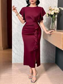 Feyla Women's Solid Color Round Neck Ruffle Hem Elegant Short Sleeve Midi Dress - Burgundy - View 8
