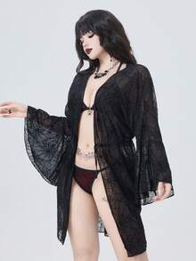 ROMWE Goth 2026 最新款黑色蜘蛛网纹理面料超大袖子，抽绳腰带设计，夏季沙滩泳池派对哥特风女式泳衣罩衫 - 黑色 - 查看 7