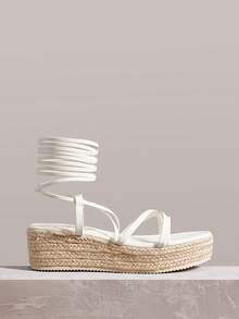 Sandálias de plataforma cunha casuais tecidas de cor sólida para mulher Styleloop, estilo boémio de férias vintage em lona com tiras, sandálias romanas, estilo ocidental, roupa para festival de música e festa, sapatos de primavera e verão, Spring Break, Páscoa - Branco - Ver 2