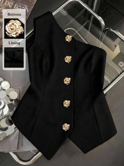 Franclia Blusa asimétrica sexy con hebilla metálica en el hombro, top romántico para primavera/verano, adecuado para el Día de San Valentín Blazer con botones dorados Blusa elegante negra Blazer negro Ropa de lujo para mujer Blazer de mujer Blusas de lujo para mujer Chaqueta negra elegante Blazer negro con botones dorados Blusa negra con botones dorados Blazer negro sin mangas Blusa negra abotonada Chaleco negro Top negro de un solo hombro