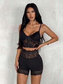 SHEIN PETITE Quần short biker cạp cao phối ren tương phản màu đen. - màu đen - Xem 7