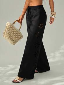 SHEIN PETITE Damen Urlaubs-Lässig einfarbige Hose mit Cut-Out-Muster, Winter Schwarz - Schwarz - Übersicht 8