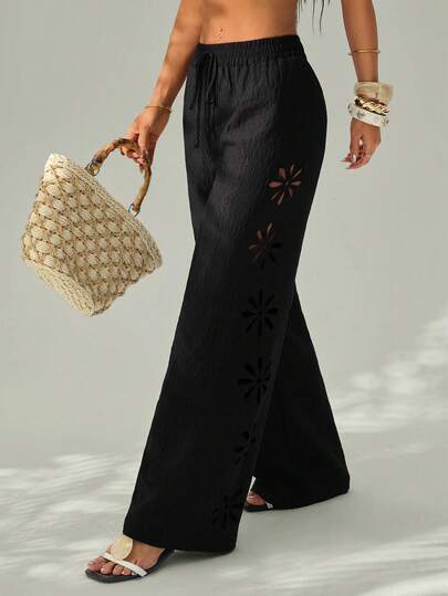 SHEIN PETITE Women's Vacation Casual Solid Color Hollow-Out Long Pants Winter Black