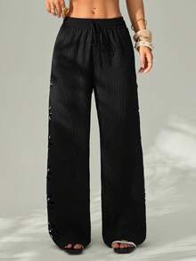 SHEIN PETITE Damen Urlaubs-Lässig einfarbige Hose mit Cut-Out-Muster, Winter Schwarz - Schwarz - Übersicht 5