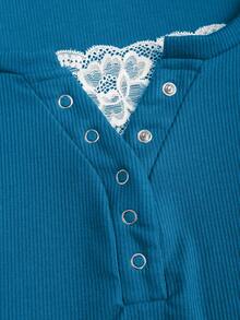 Sweetra 女士蕾丝边饰高领长袖纯色T恤，秋季款 - 藍色 - 查看 3