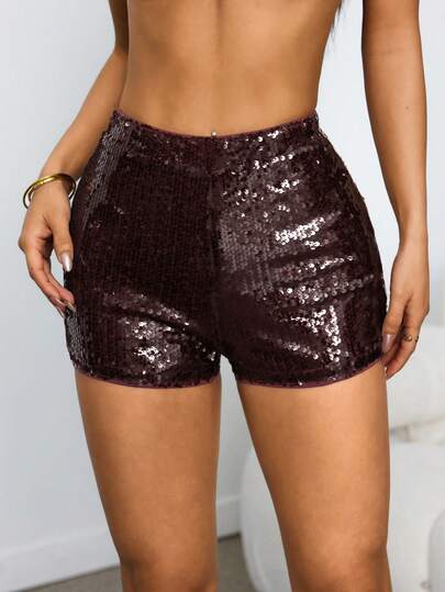 SHEIN PETITE Pantalones cortos de mujer de color marrón sólido con lentejuelas brillantes, adecuados para ocasiones de fiesta, fiesta de Navidad, fiesta de Año Nuevo, uso en clubes nocturnos sexy, conciertos, pantalones cortos marrones, pantalones cortos brillantes, pantalones cortos con lentejuelas