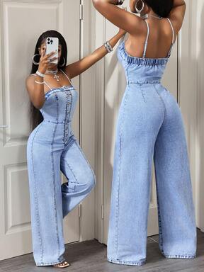 BamGleam Women's Front Button Strap Denim Jumpsuit