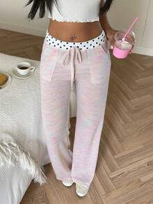 CovetEZ بنطلون طويل للنساء الكاجوال بخصر رباط مزخرف بنقشة البولكا نقاط ملونة - وردي - مشاهدة 4