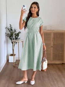 EMERY ROSE Women's Fresh Striped Round Neck Short Sleeve Dress Green