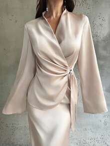 Firerie 男士优雅纯色腰带露背缎面亮面裹身系带上衣/衬衫和鱼尾裙两件套，缎面不对称下摆缎面裙套装，通勤派对，工作两件套，婚礼两件套，适合通勤、日常穿着，春夏款 - 杏色 - 查看 6