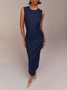 COSMINA 女士圆领无袖修身牛仔连衣裙，优雅牛仔连衣裙，适合约会、购物、日常出行、办公穿着，春夏女士牛仔连衣裙，开衩牛仔连衣裙，蓝色牛仔连衣裙 - 藍色 - 查看 4