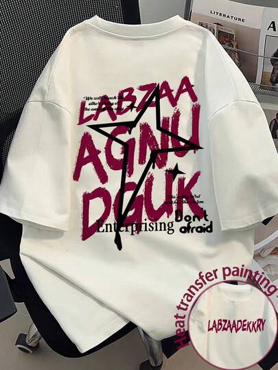 Manfinity Dauomo 男士加大码服装 加大码街头风印花男士加大码T恤 复古字母星星印花休闲宽松上衣