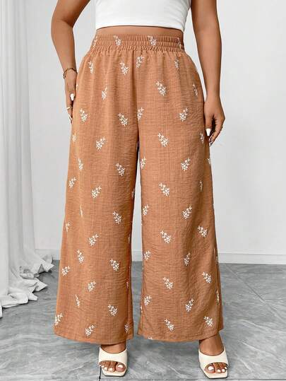 Breezaya 大码碎花弹力腰宽松直筒裤，休闲百搭，适合外出、通勤、约会、聚会、度假等场合。