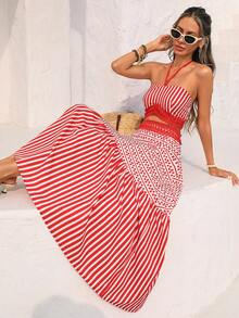Conjunto informal de 2 piezas de verano para vacaciones de mujer, con camiseta sin mangas con lazo y adorno floral en la espalda, y falda holgada de línea A con adorno floral en la cintura - Rojo y blanco - Ver 7