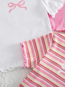 SHEIN 3件套女童可爱罗纹荷叶边蝴蝶结印花圆领上衣 - 彩色 - 查看 5