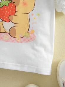 SHEIN 1pc Girls Cute Strawberry Bear & Popcorn Print Round Neck Short Sleeve Top - White - View 3