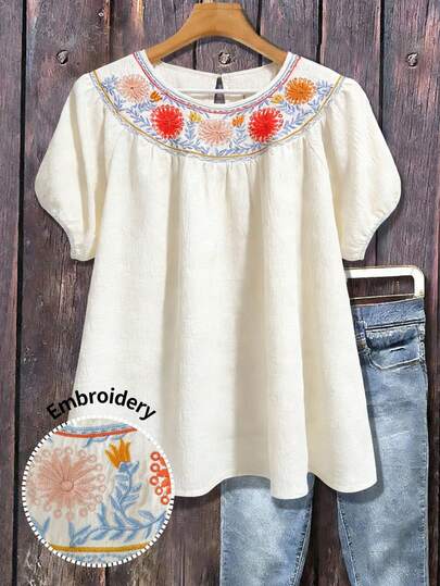 Linhara Plus Size Women's Early Spring Apricot Casual Floral Embroidered Dolman Sleeve Blouse