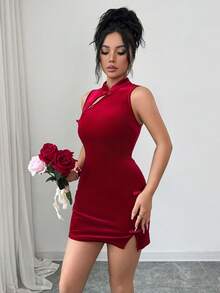 Franclia Đầm ngắn ôm sát không tay cổ sườn xám màu đỏ trơn bằng nhung dành cho nữ, kiểu Trung Quốc, đầm đỏ, đầm năm mới, đầm hẹn hò, đầm mặc hàng ngày, đầm ngày Valentine. - Màu Đỏ Sâu - Xem 3