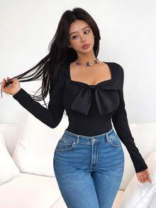 Rafferiza Petite Áo thun dài tay màu đen thời trang, thanh lịch, ôm dáng, thắt nơ. - màu đen - Xem 6