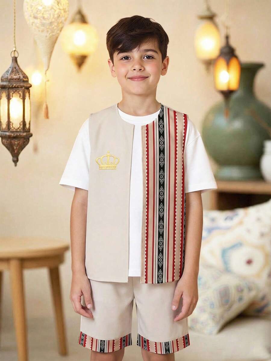 Tween Boy Casual Minimalist, Versatile Daily Wear, Arabic Style, Shirt Set Suitable For Spring/Summer, Party Shirt Set Suitable For Spring/Summer - Multicolor - View 1