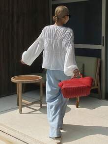 Livesso Áo sơ mi nữ cổ chữ V buộc dây, chất liệu vải dệt, kiểu dáng thời trang thường ngày. - trắng - Xem 2