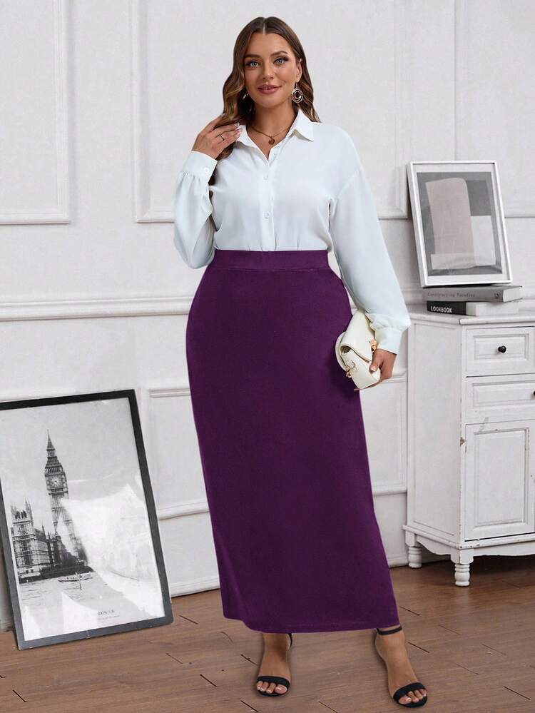Plus Size Women's Summer Casual Vacation Solid Color Purple Casual Versatile Commute Skirt,Summer Holiday,Spring Break, Vacation Women, Holiday For Women,Going Out,2026 New,Simple And Fashionable For Everyday Wear, Purple Skirt Women,Suitable For Summer, Vacation,Daily Wear, Modest Skirts, Elegant Skirt