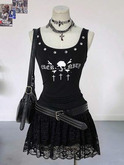 StreetHx Women's Autumn/Winter Sleeveless Punk Rock Dark Style Dress With Collar Ruffle, Eyelet Decor And Graphic Print