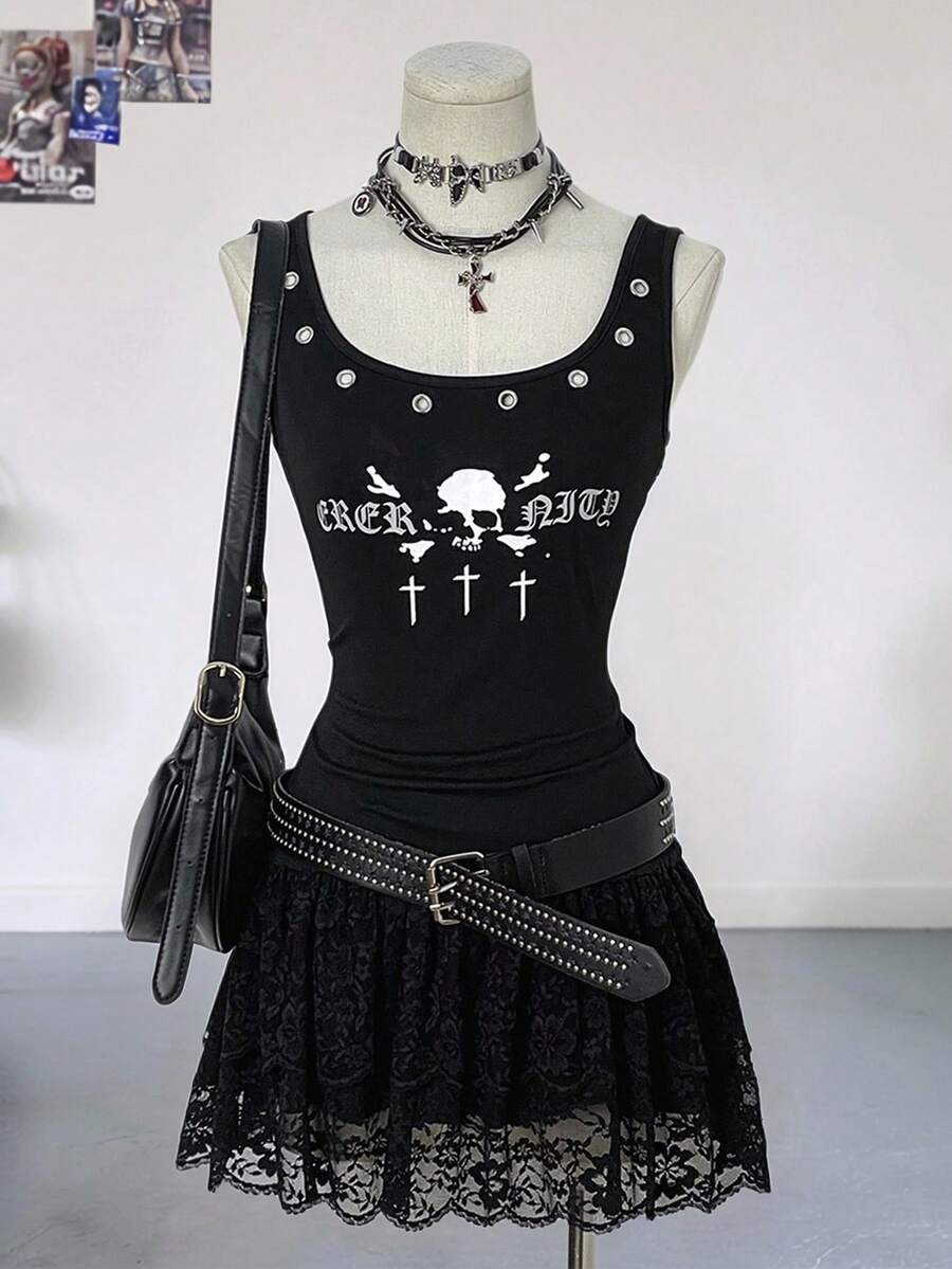 SHEIN Unity Đầm nữ mùa thu/đông không tay phong cách punk rock tối màu với cổ áo xếp nếp, trang trí đục lỗ và họa tiết in hình đồ họa. - màu đen - Xem 1