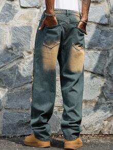 Manfinity EMRG Men's Retro Grunge Frayed Pocket Loose Fit Fashion Jeans Holiday Dark Blue Summer - Blue - View 2