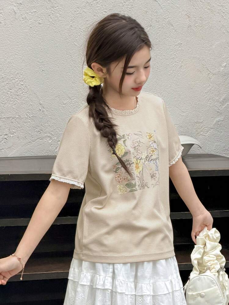 Tween Girls' Textured Knit Crew Neck Printed Short Sleeve T-Shirt, Fall Clothes Spring