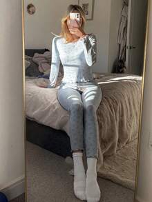 2pcs Women Ditsy Floral Long Sleeve Top And Long Pants Pajama Set, Autumn/Winter - Blue - View 6